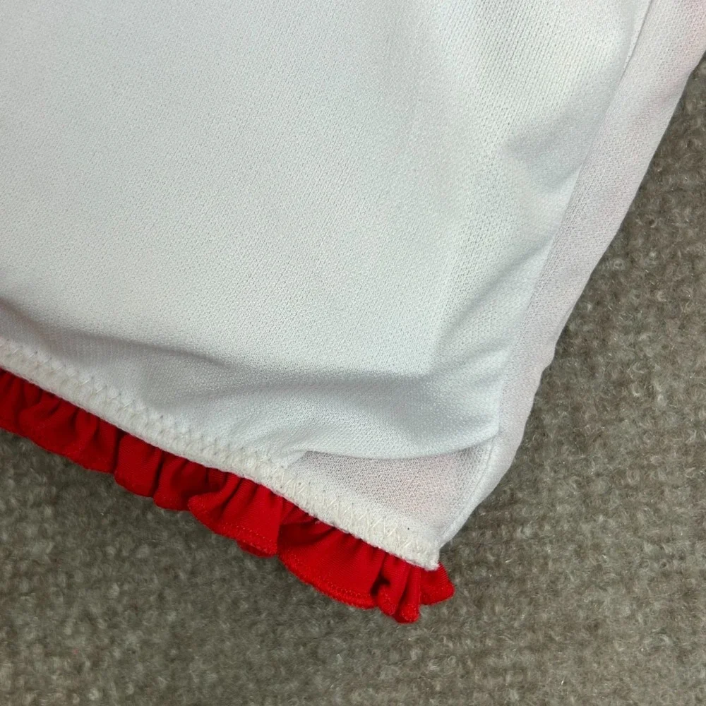 Cider Bikini Top Womens L Red Chevron Smocked‎ Stretch Ruffle Trim Off Shoulder